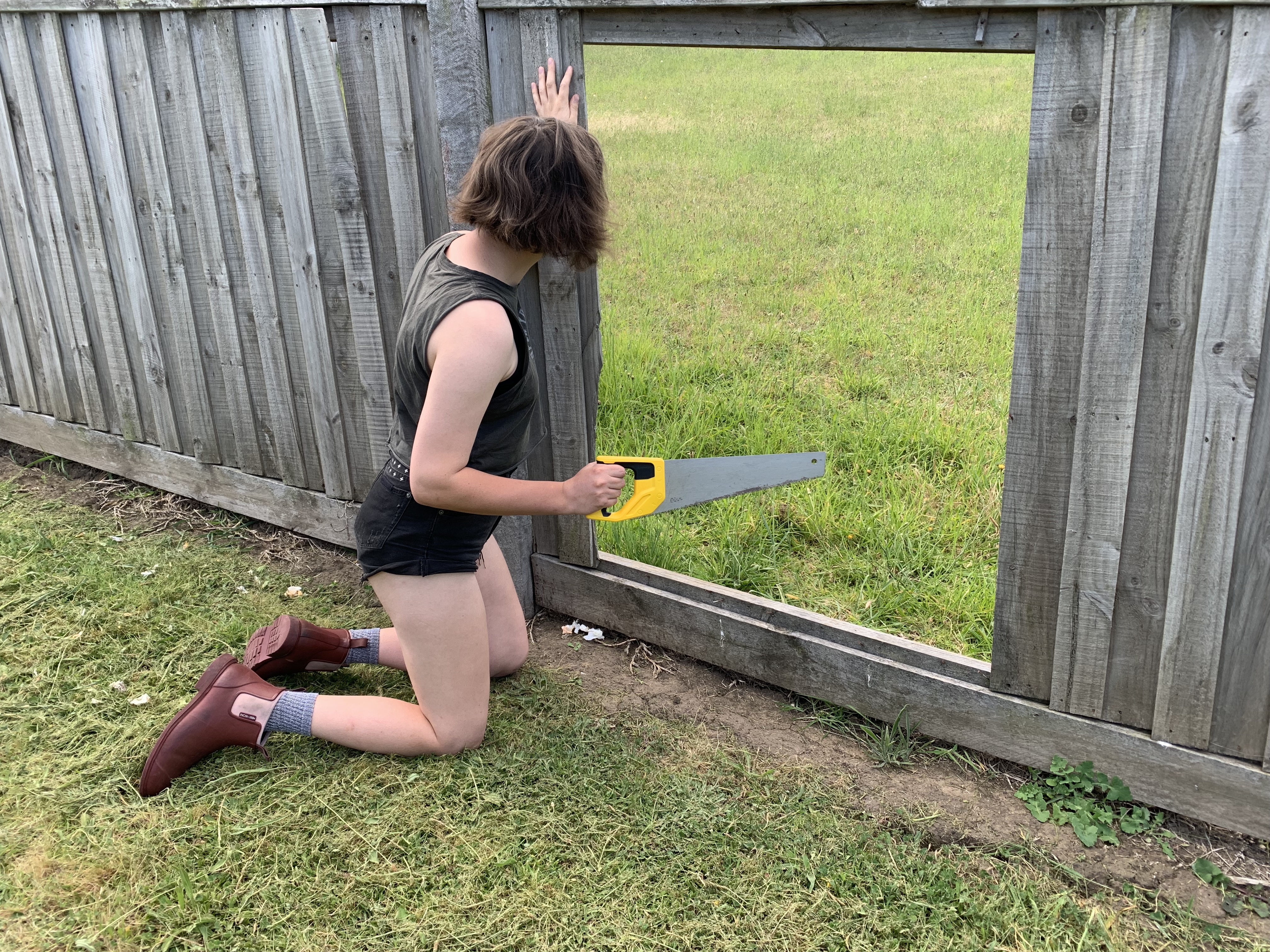 Host next to a hole in the fence with a hand saw, gazing into the hole imagining better worlds.