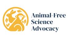 A yellow logo with a rabbit and monkey in the circle with blue words beside it that say 'Animal-Free Science Advocacy'