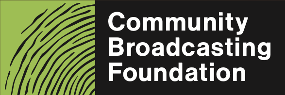 A logo with green and black strokes that look like audio ripples. Black background with the words Community Broadcasting Foundation in white letters