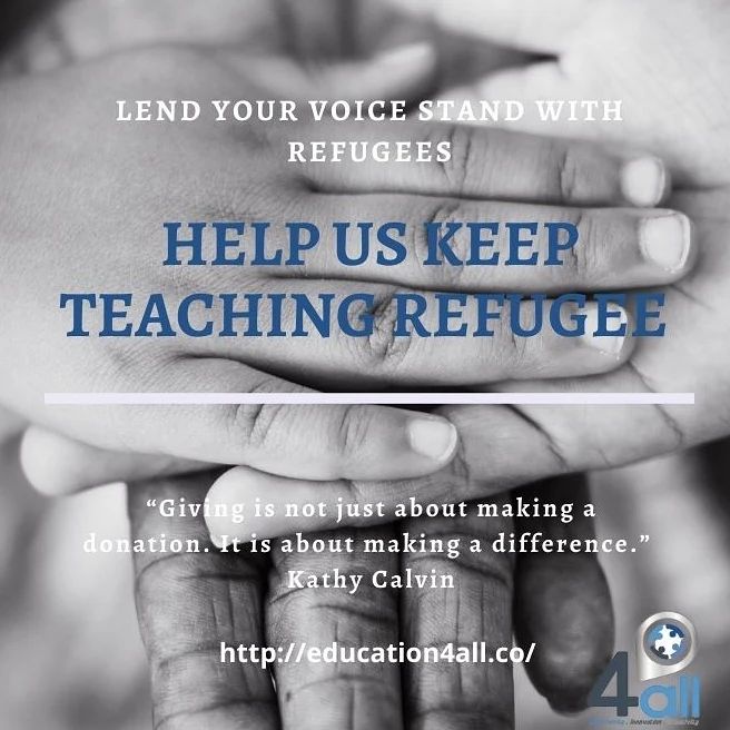 Image text: A fundraising photograph of hands crossed over with text reading: "Lend your voice, stand with refugees. Help us keep teaching refugees"