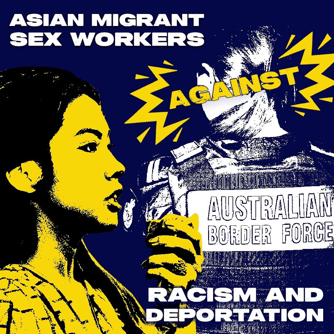 navy blue and yellow image of an Asian migrant worker holding a microphone in protest. A police officer illustrated in the background with their back turned away from the worker. 