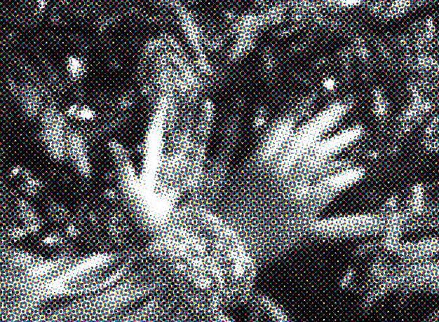 black and white pixelated image of hands crossing each other. Swirls surrounding the hands.