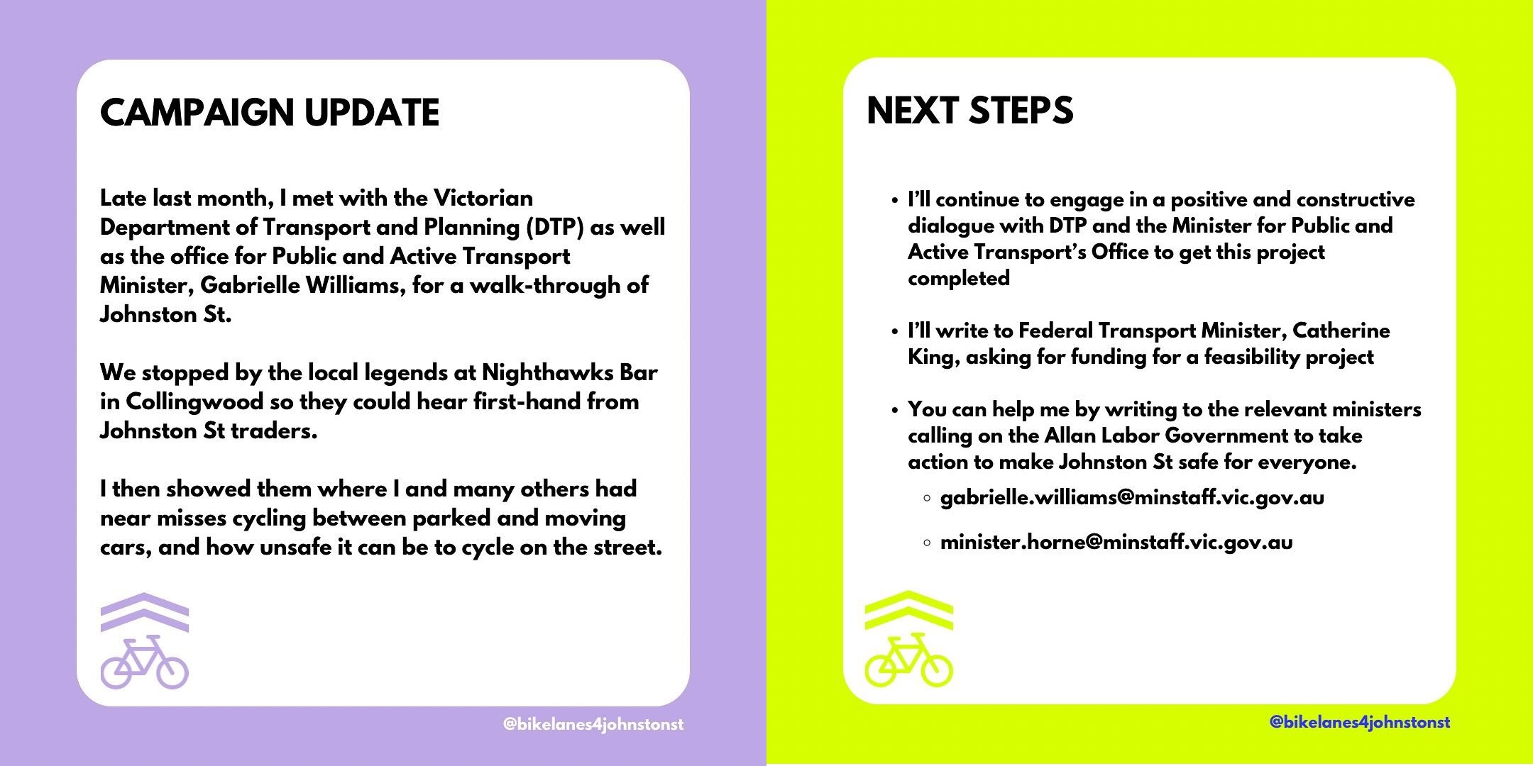 Bike Lanes 4 Johnston Street Campaign Update: 14 July 2024