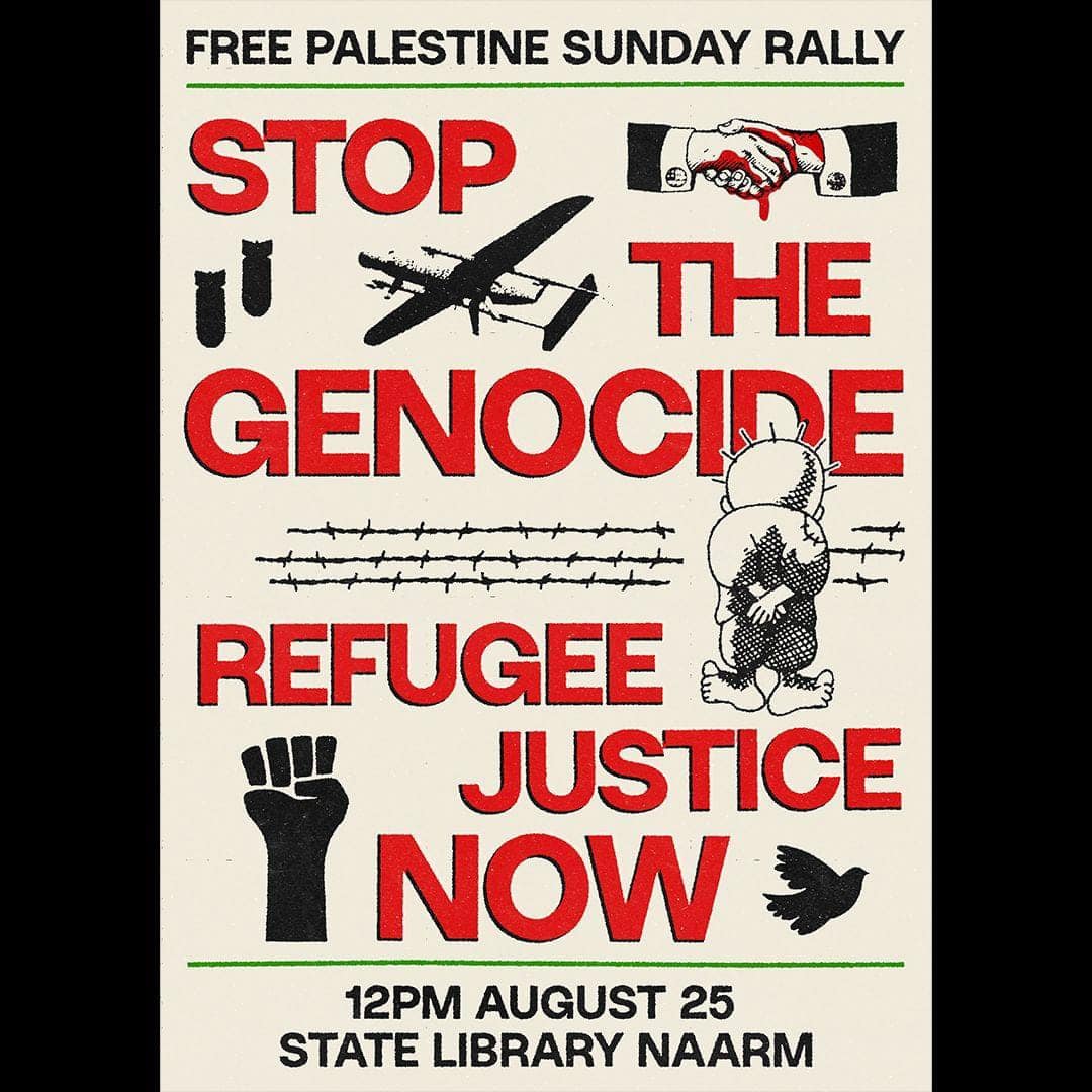 Protest sign reads Stop the Genocide and Refugee Justice Now