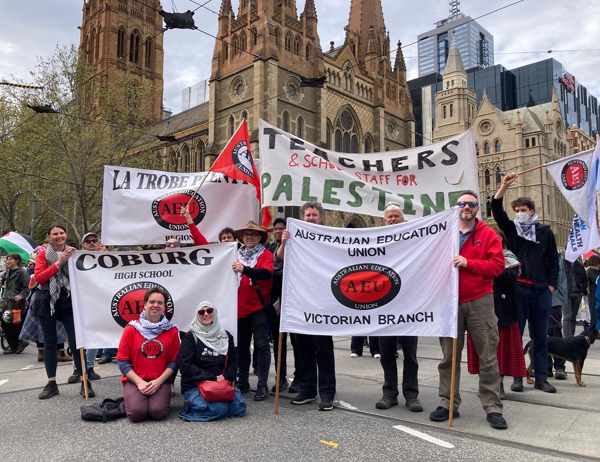 Protesters from Australian Education Union holding signs in support of Palestine