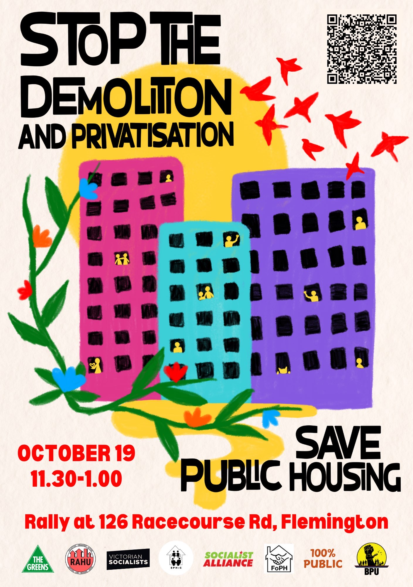 Stop the demolition and privatisation slogan on colourful towers background