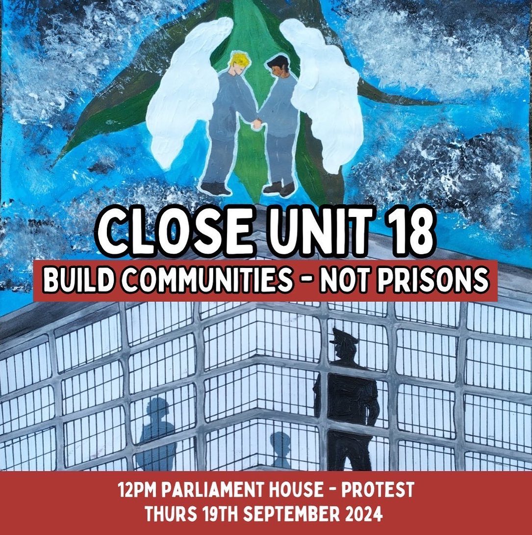 Close Unit 18 - Build Communities Not Prisons rally flyer. The flyer features a painting of two angels, a brown boy and a white boy, holding hands in front of a moon in the night sky, above a prison cage where a guard is depicted in silhouhette.