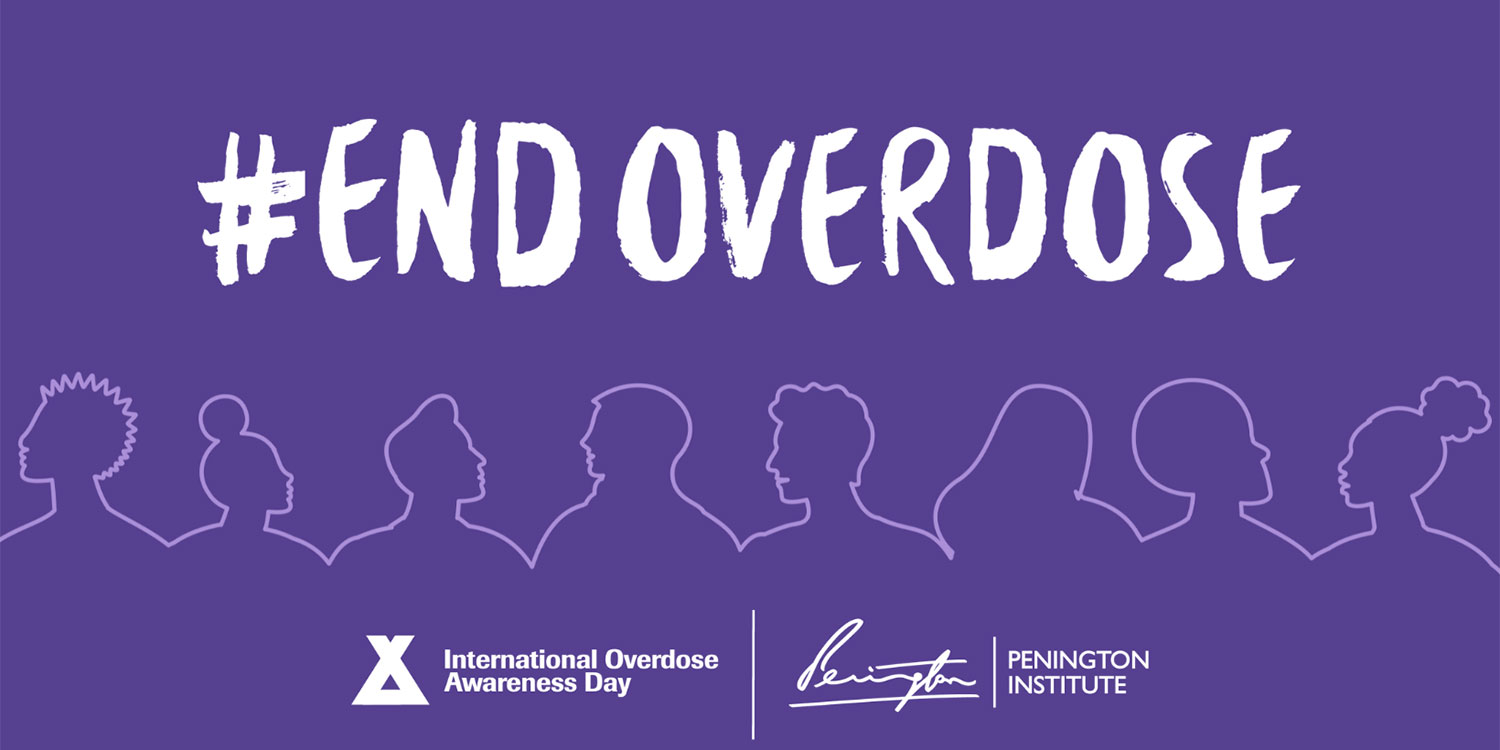 #End Overdose. Purple background with white fond in bold stating #endoverdose, with white outline of people. Bottom text reads International Overdose Awareness Day and Penington Institute. 