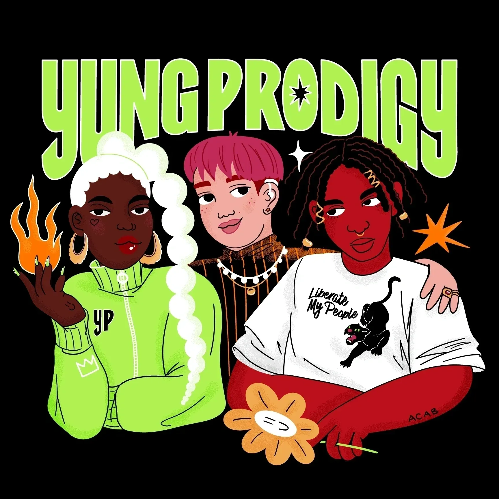 A digital drawing of three young people of varying skin tones looking cool with the text Yung Prodigy above them.