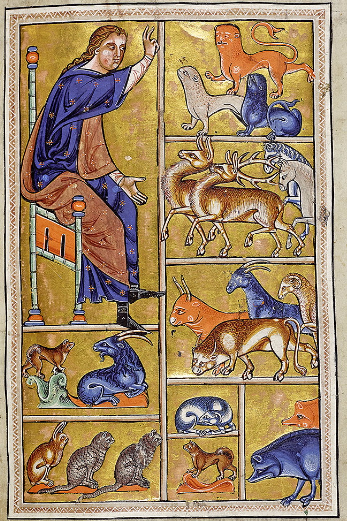 A colourful image from the Aberdeen Bestiary Showing a medieval person and various animals