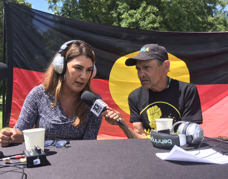 Image of Bunjileenee Robbie Thorpe interviewing Lidia Thorpe at an outside broadcast at Camp Sovereignty