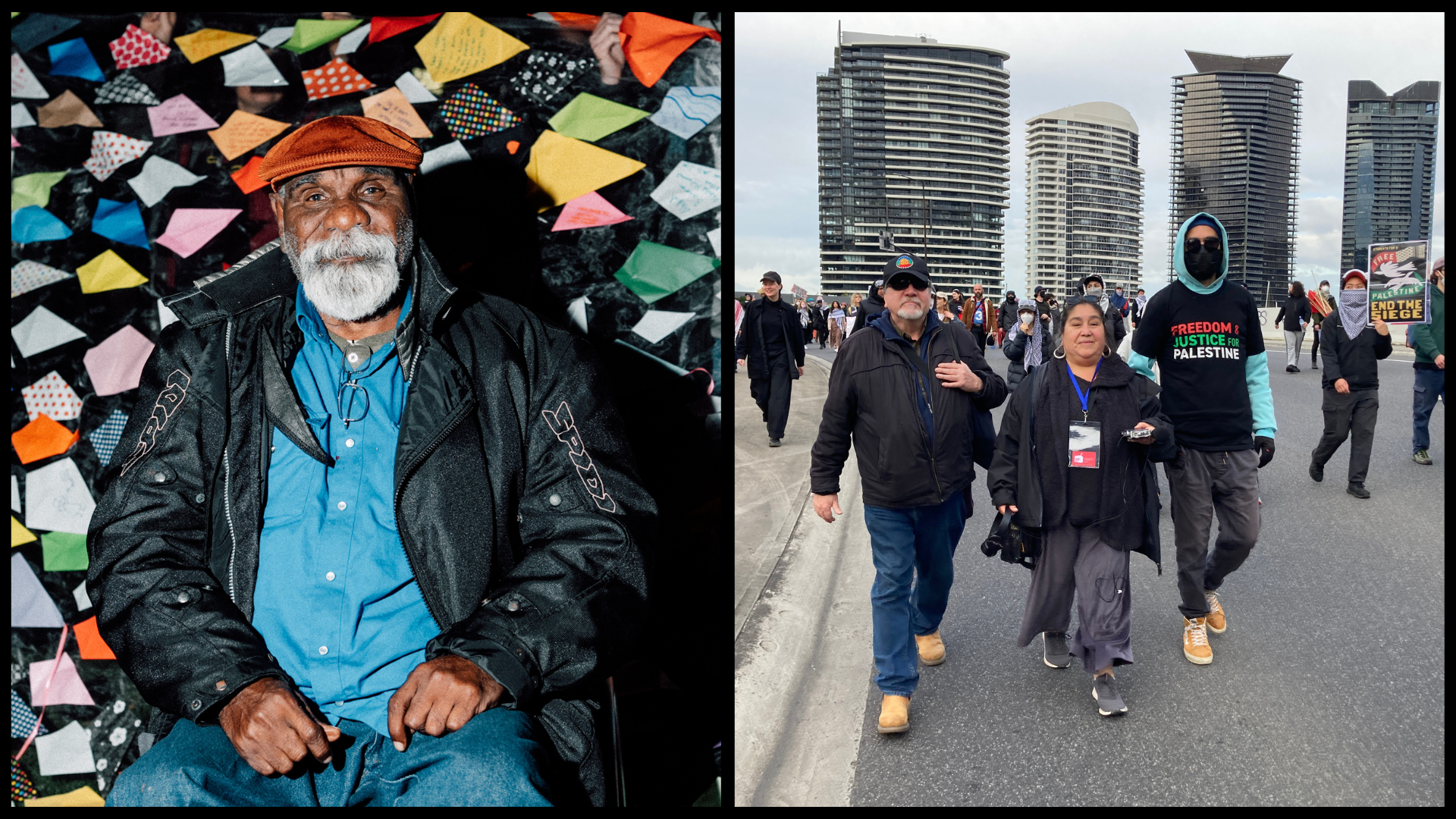 Ned Hargraves Jampijinpa with Paper Kites for Palestine (Photo by Murray Enders) and LASNET organisers at the community picket.