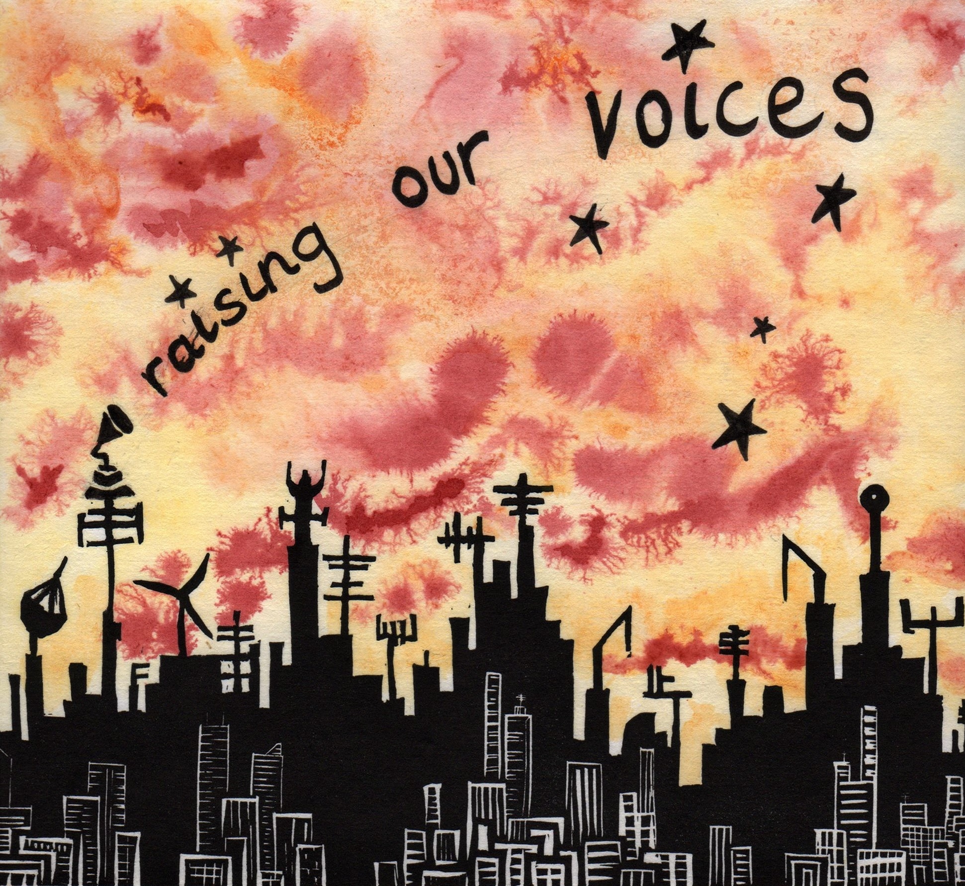A brilliant pink sky illuminates a dark cityscape with Raising Our Voices written across the sky by artist Larissa McFarlane for the 25year anniversary CD 