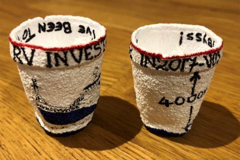 Two views of a styrofoam coffee cup that was carried on the RV Investigator in 2017 and crushed by water pressure in a 4000 m deep abyss (Photo by Chris Lassig)