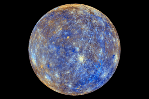 Photo of Mercury taken by the MESSENGER spacecraft, enhanced to show chemical composition (NASA)