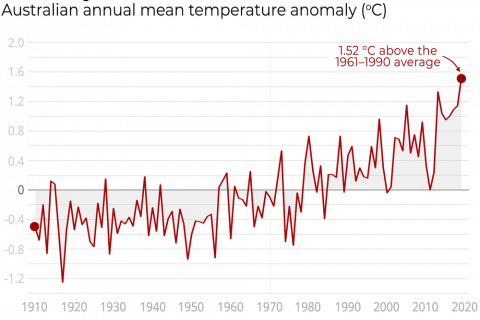 The Bureau of Meteorology's temperature graph shows 2019 was Australia's hottest year on record, as well as the driest (from The Conversation)