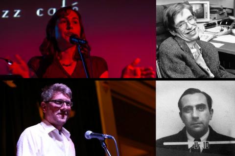 Top: Astrophysicist Katie Mack (left) talks about Stephen Hawking (right). Bottom: Lost in Science presenter Chris Lassig (left) talks about Edward Teller (right).