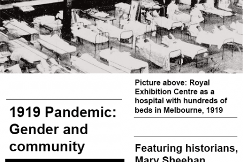 Image featuring at the top hospital beds at the Royal Exhibition Centre in 1919, and below the episode title and guests