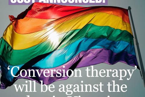 Rainbow flay with text 'Just announced: Conversion therapy will be against the law in Victoria'