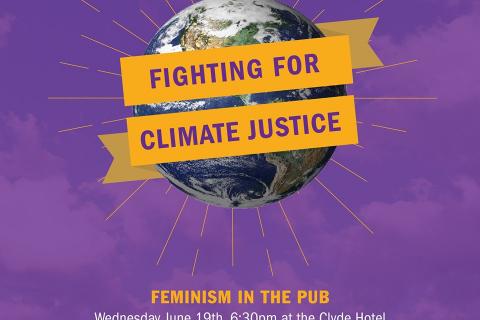 Fighting for Climate Justice text overlays image of earth on purple background