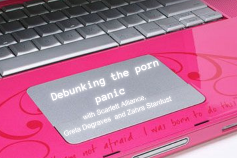 Image of a pink laptop with silver keys. on the mouse key is text 'debunking the porn panic with scarlett alliance, greta degraves and zahra stardust'