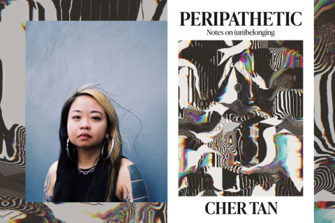collage featuring a swirly static background. Image of an Singaporean woman with bleached blonde hair and black hair looking blankly into the camera. Next to her is a book she published titled 'Peripathetic'
