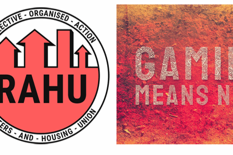 Renters and Housing Union logo and Gamil Means No overlaid on red earth