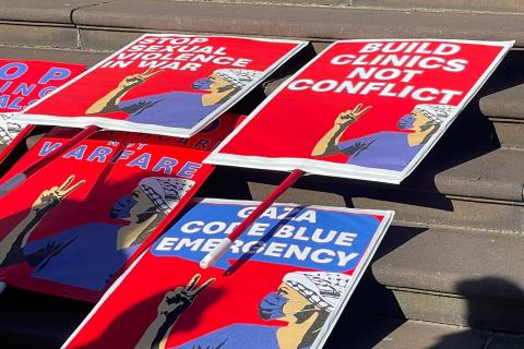 Red and blue protest signs at read "Build Clinics Not Conflict", "Gaza Code Blue Emergency"; "Stop Sexual Violence in War"