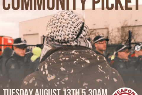 Image of protestor and police at community picket: text: A.W. Bell - Stop Arming Genocide Community Picket