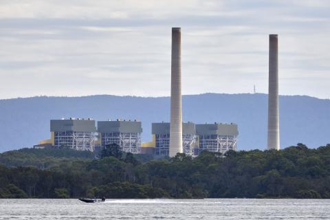 Eraring Power Station photographed from across the waters of Myuna Bay on a hazy day.