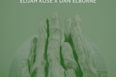 A poster with details for the launch of Elijah Kose and Dan Elborne's exhibition 'Hands'. Exhibition information is overlaid on a photo of a sculpture of hands made out of clay.