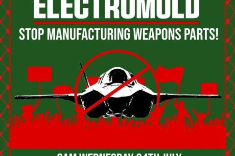 Community Picket Electromold Poster. Green background with red border crossing out fighter jet with outline of protestors.