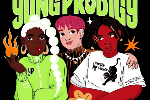 A digital drawing of three young people of varying skin tones looking cool with the text Yung Prodigy above them.