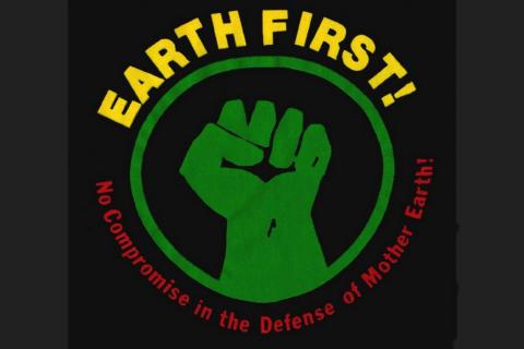 "Earth First!" Logo with raised green power fist in a circle