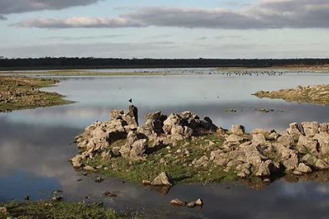 landscape of Budj Bim including lake and shoreline with rocky fish traps visible