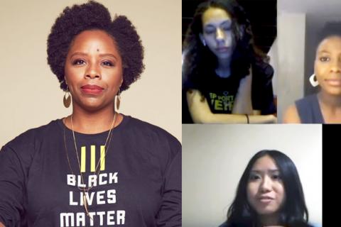 shows a profil pic of Patrisse Cullors wearing a shirt that says "Black Lives Matter"; and a screen grab from the virtual panel showing 3 separate screens in one with Fiona Jarvis & Cynthia Leung and Krissy Oliver-Mays participating in panel