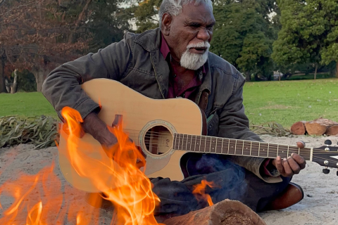 Ned Hargraves Jampijinpa singing Karrinjarla Muwajarri at Camp Sovereignty.