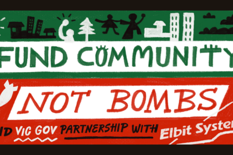 Fund Community Not Bombs, artwork courtesy of Elbit out of Victoria campaign. @nickyminus