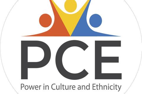 Logo: The letters PCE in bold type spelling out Power in Culture and Ethnicity underneath 3 figures coloured red, yellow and blue reaching skywards together