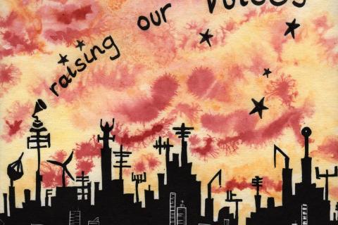 A brilliant pink sky illuminates a dark cityscape with Raising Our Voices written across the sky by artist Larissa McFarlane for the 25 year anniversary CD 