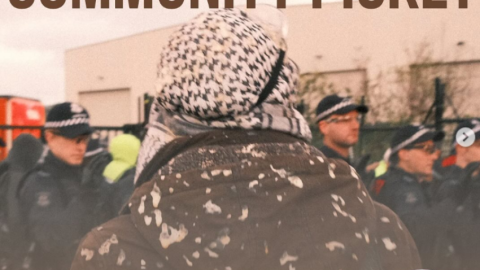 Image of protestor and police at community picket: text: A.W. Bell - Stop Arming Genocide Community Picket