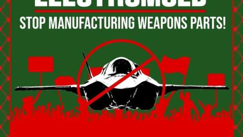 Community Picket Electromold Poster. Green background with red border crossing out fighter jet with outline of protestors.