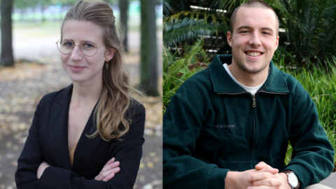 Eva Morel, co-founder of Quota Climat (on the left) and Alfie Chadwick, PhD candidate at the CliComm (on the right)