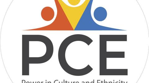 Logo: The letters PCE in bold type spelling out Power in Culture and Ethnicity underneath 3 figures coloured red, yellow and blue reaching skywards together