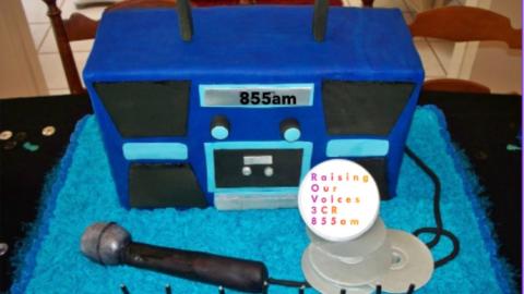 Blue Ghetto Blaster with Microphone and CDs on 3CR Radio