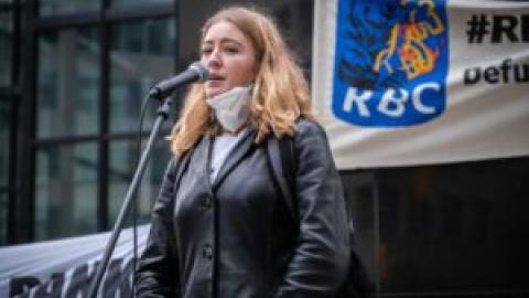 Kenzie Harris speaking at a rally